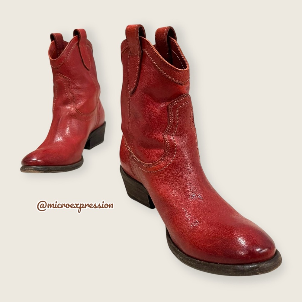 RARE Frye Carson Pull On Red Leather Southern/Western Low Heel Boho Cowgirl Boot - Picture 10 of 10